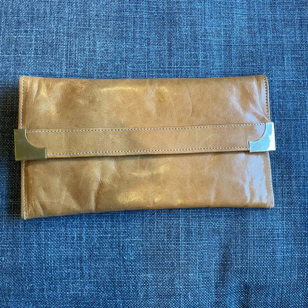 Tan Leather Clutch with Gold Accents